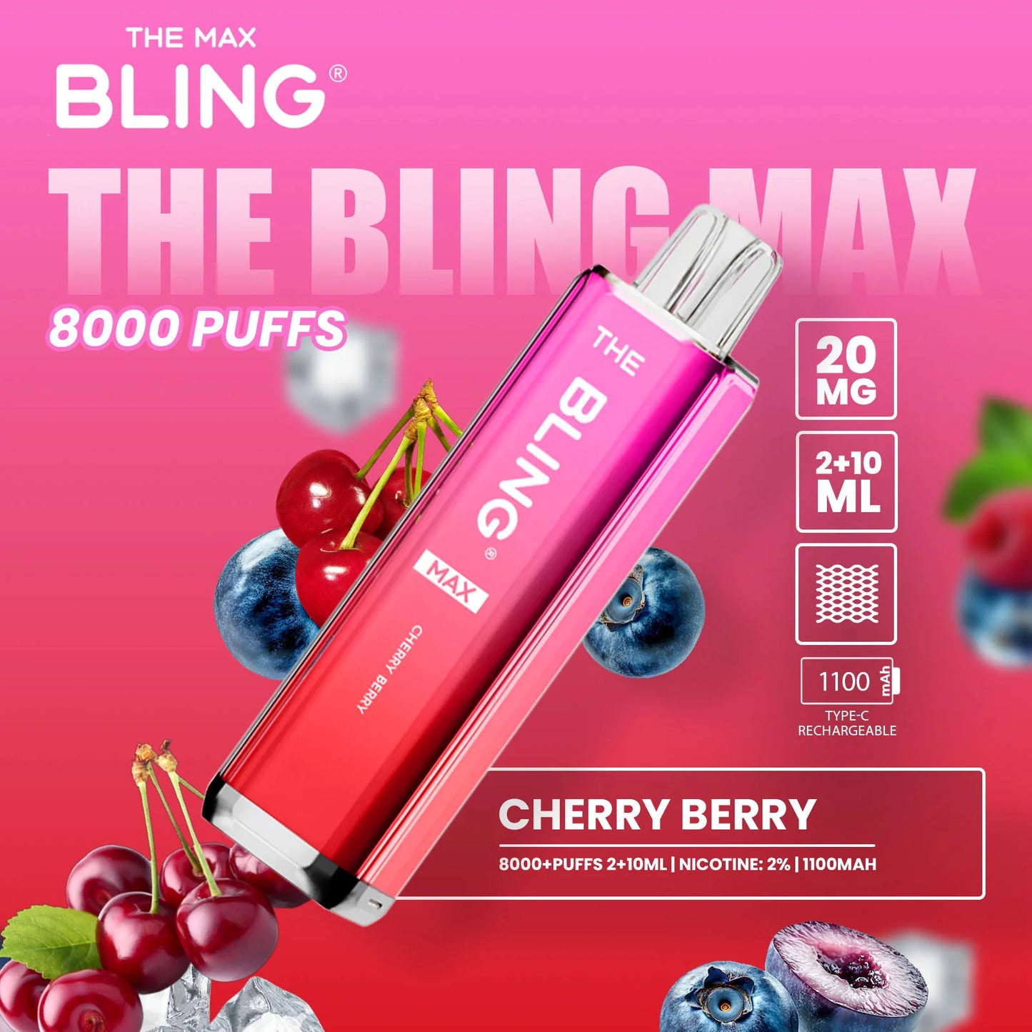 Cherry Berry flavoured Bling Max 8000 Puffs Vape Kit