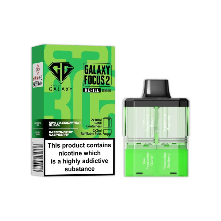 Kiwi Passionfruit Guava & Passionfruit Raspberry flavoured Crystal Galaxy Focus 2 Replacement Pod in Green Colour