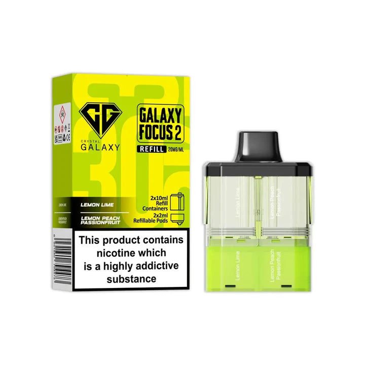 Lemon Lime & Lemon Peach Passionfruit flavoured Crystal Galaxy Focus 2 Replacement Pod in Yellow Colour