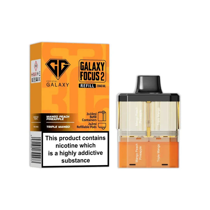 Mango Peach Pineapple & Triple Mango flavoured Crystal Galaxy Focus 2 Replacement Pod in Orange Colour