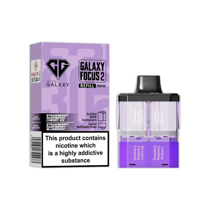 Strawberry Raspberry Cherry Ice & Strawberry Raspberry Blueberry flavoured Crystal Galaxy Focus 2 Replacement Pod in Purple Colour