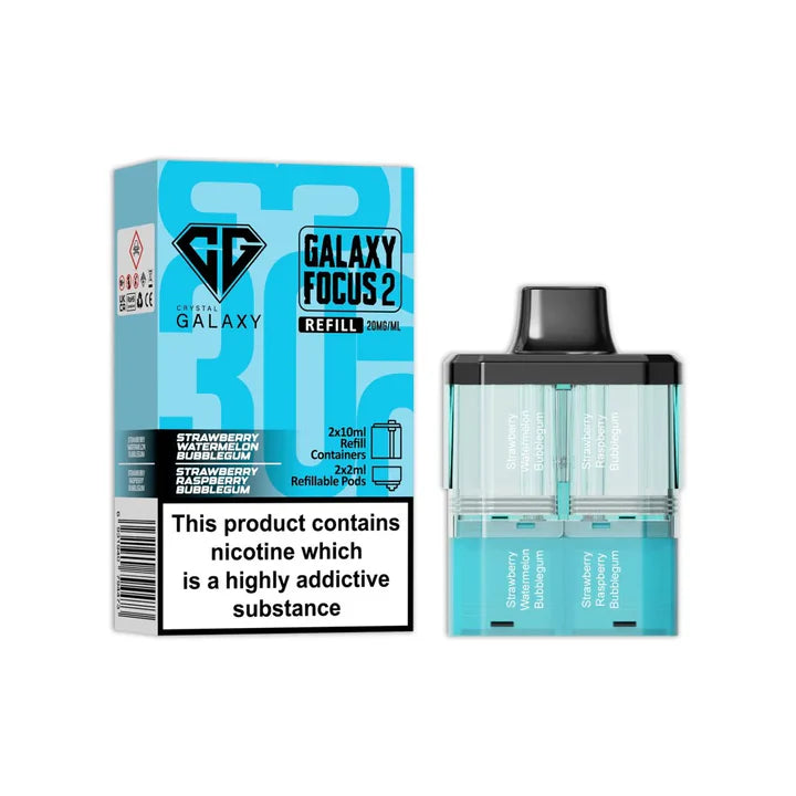 Strawberry Watermelon Bubblegum & Strawberry Raspberry Bubblegum flavoured Crystal Galaxy Focus 2 Replacement Pod in Blue Colour