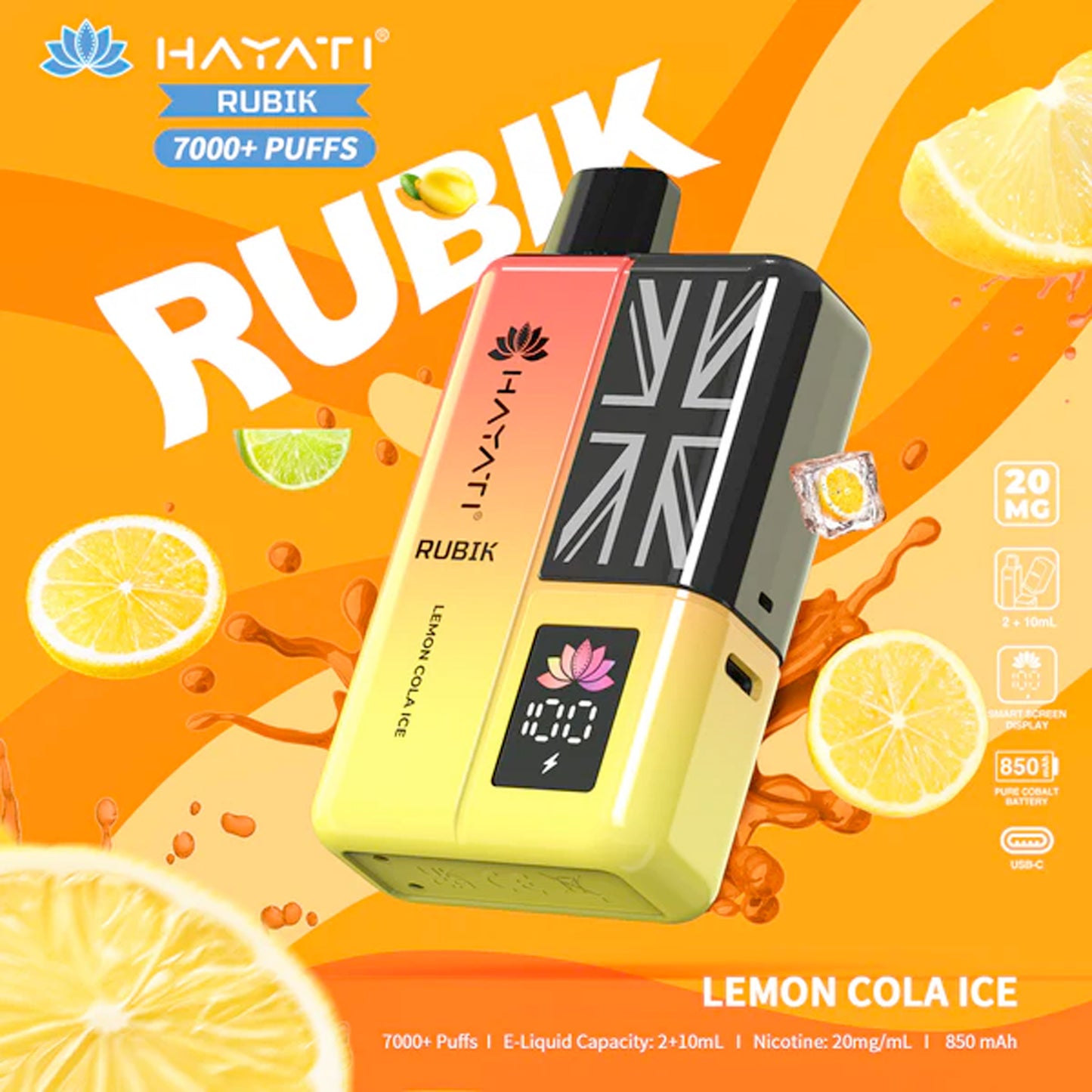 Lemon Cola Ice flavoured Hayati Rubik 7000 Plus Puffs