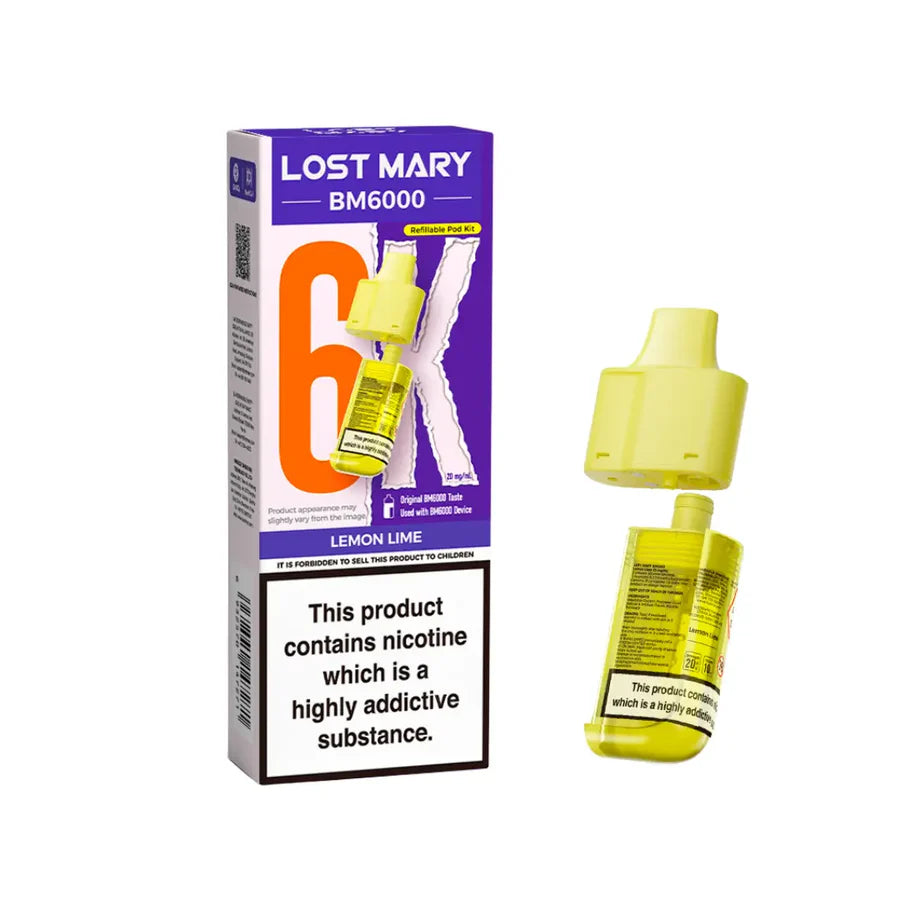 Lemon Lime flavoured Lost Mary BM6000 Refillable Pod in Yellow Colour