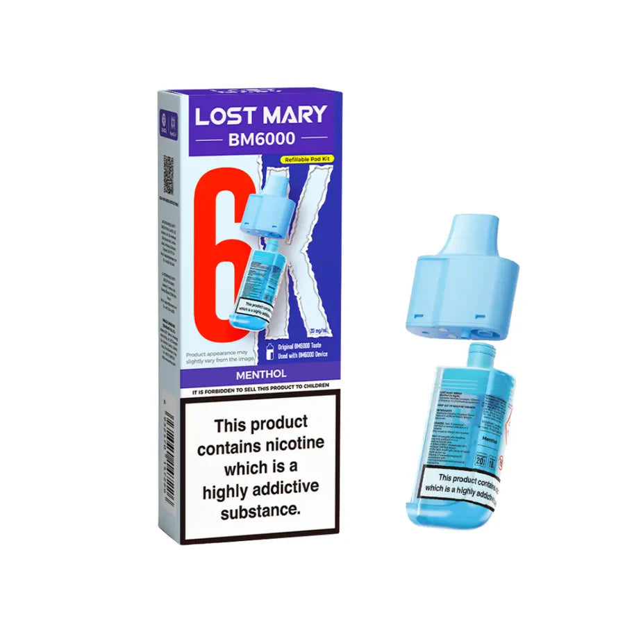 Menthol flavoured Lost Mary BM6000 Refillable Pod in Blue Colour