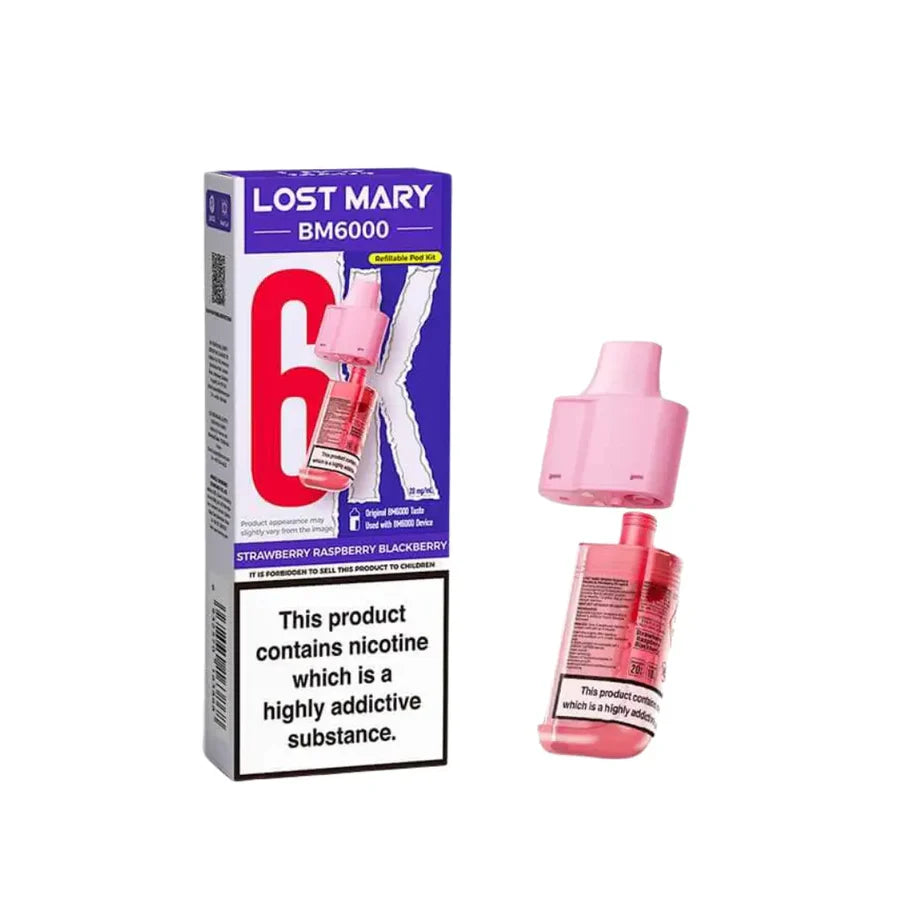 Strawberry Raspberry Blackberry flavoured Lost Mary BM6000 Refillable Pod in Pink Colour