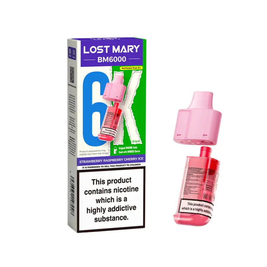Strawberry Raspberry Cherry Ice flavoured Lost Mary BM6000 Refillable Pod in Pink Colour