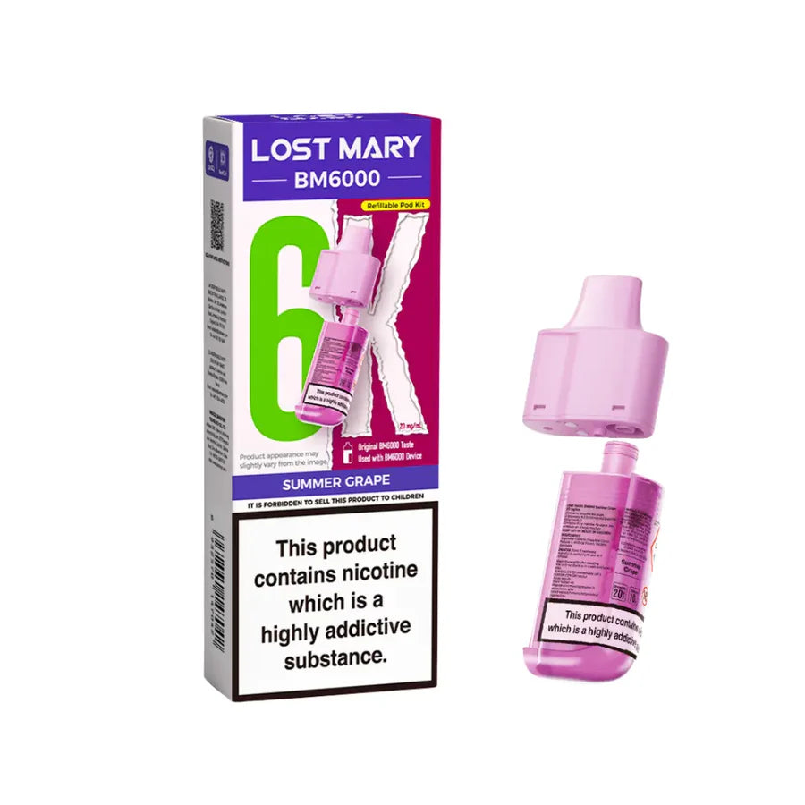 Summer Grape flavoured Lost Mary BM6000 Refillable Pod in Pink Colour