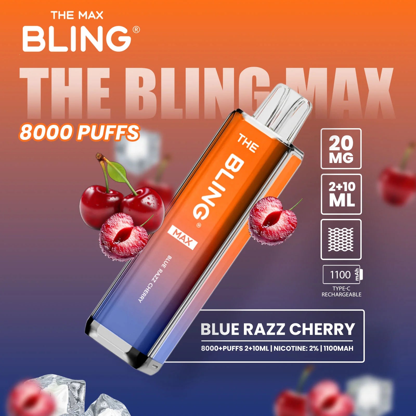 Blue Razz Cherry flavoured Bling Max 8000 Puffs Vape Kit