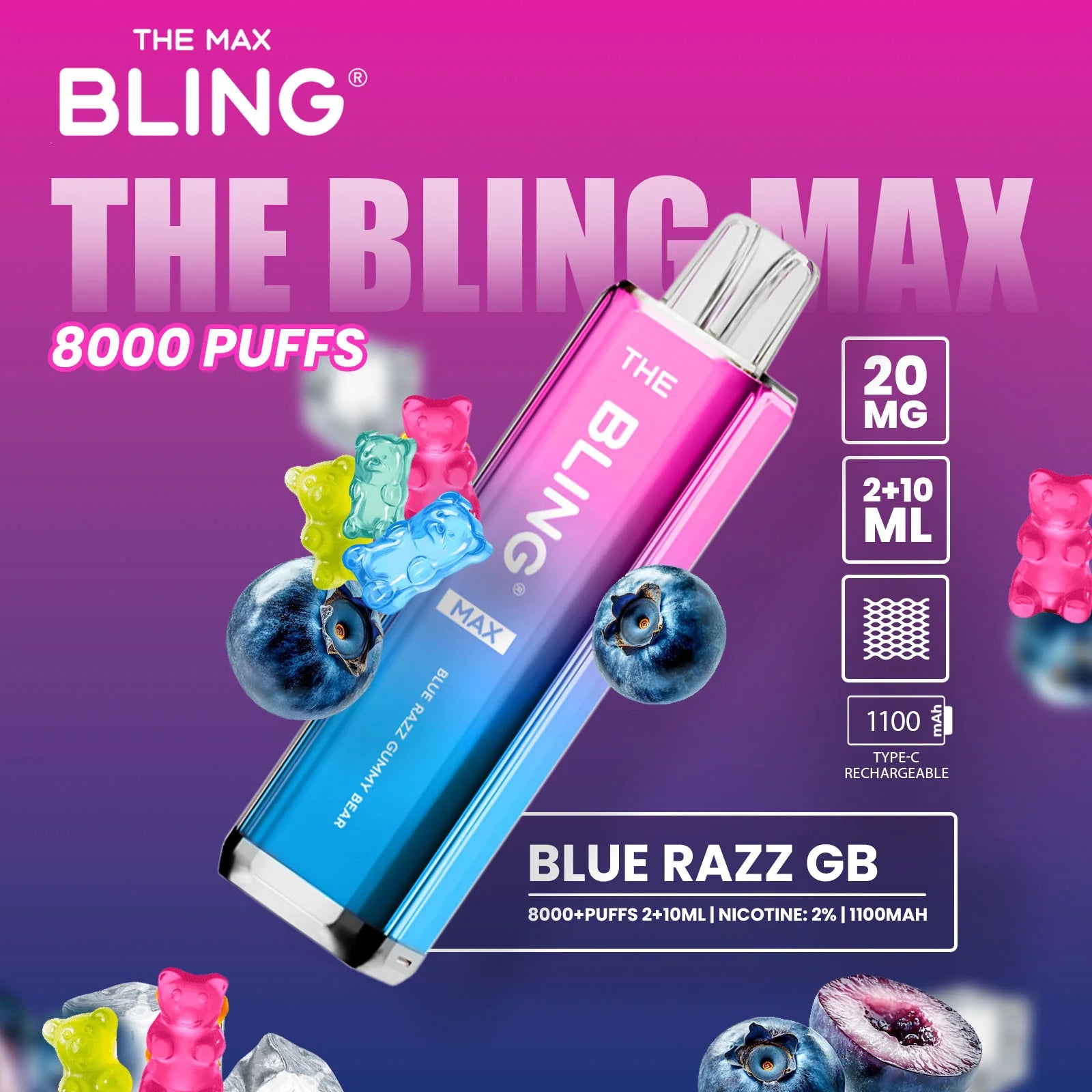 Blue Razz GB flavoured Bling Max 8000 Puffs Vape Kit