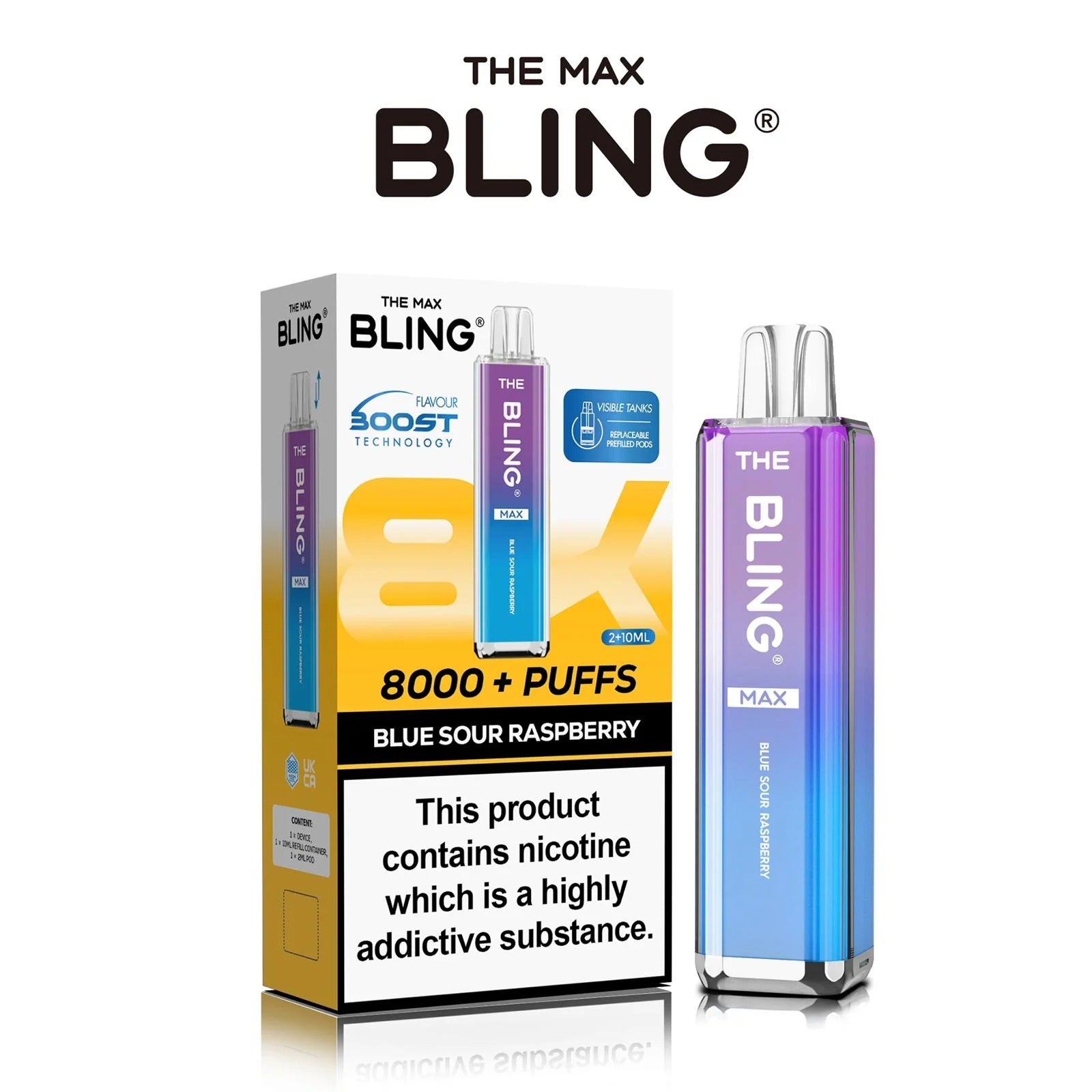 Blue Sour Raspberry flavoured Bling Max 8000 Puffs Vape Kit