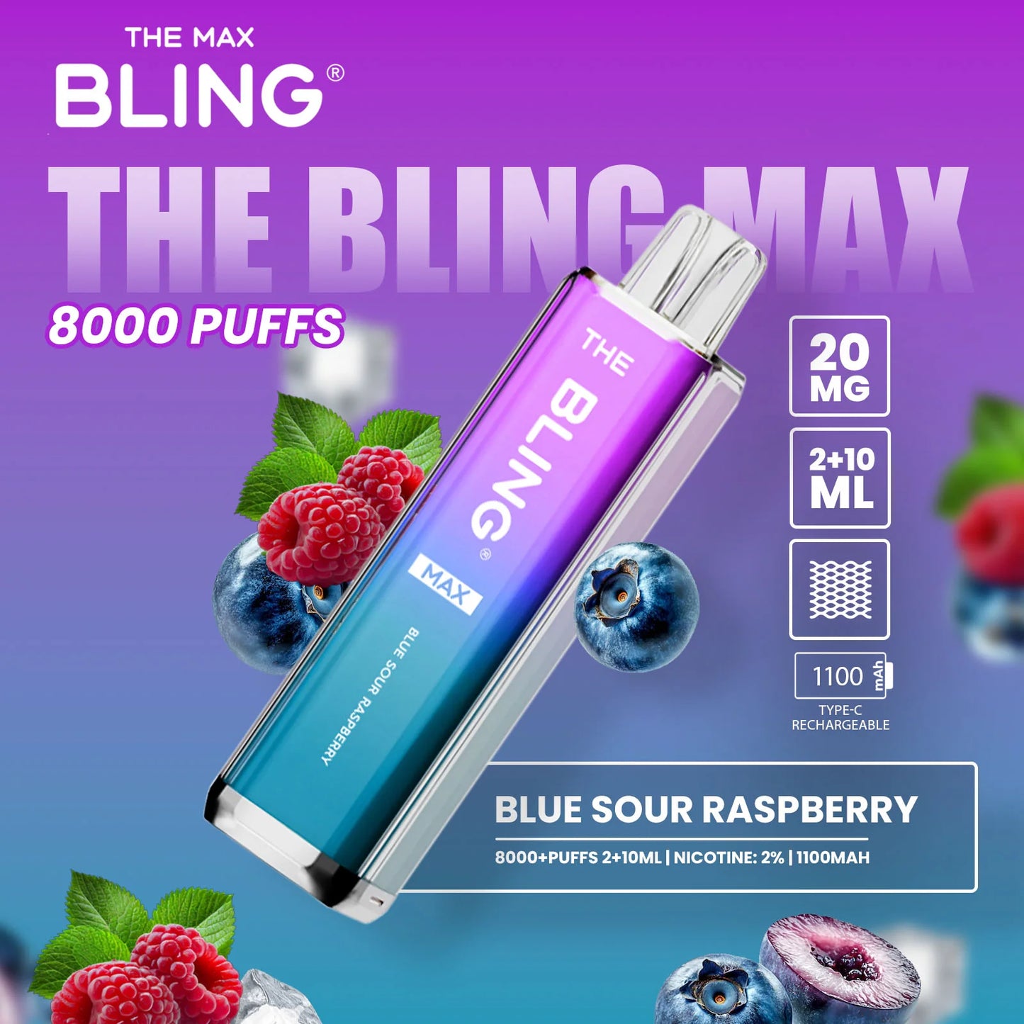 Blue Sour Raspberry flavoured Bling Max 8000 Puffs Vape Kit