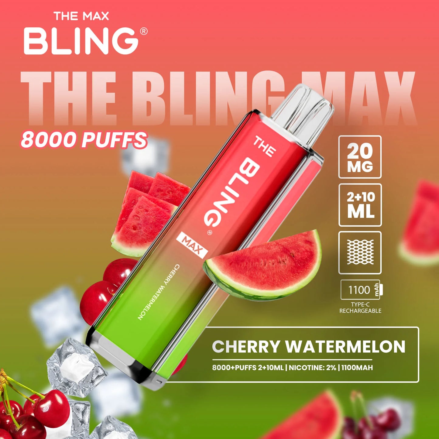 Cherry Watermelon flavoured Bling Max 8000 Puffs Vape Kit