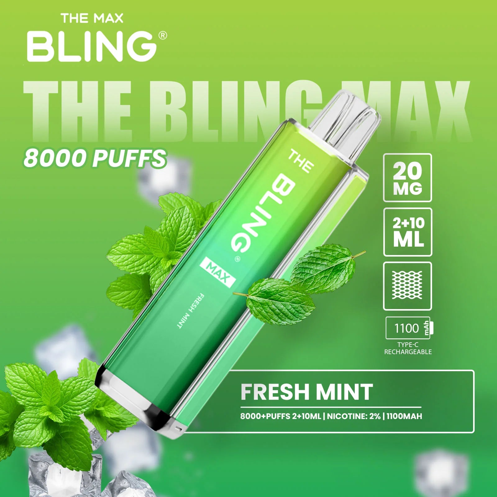 Fresh Mint flavoured Bling Max 8000 Puffs Vape Kit
