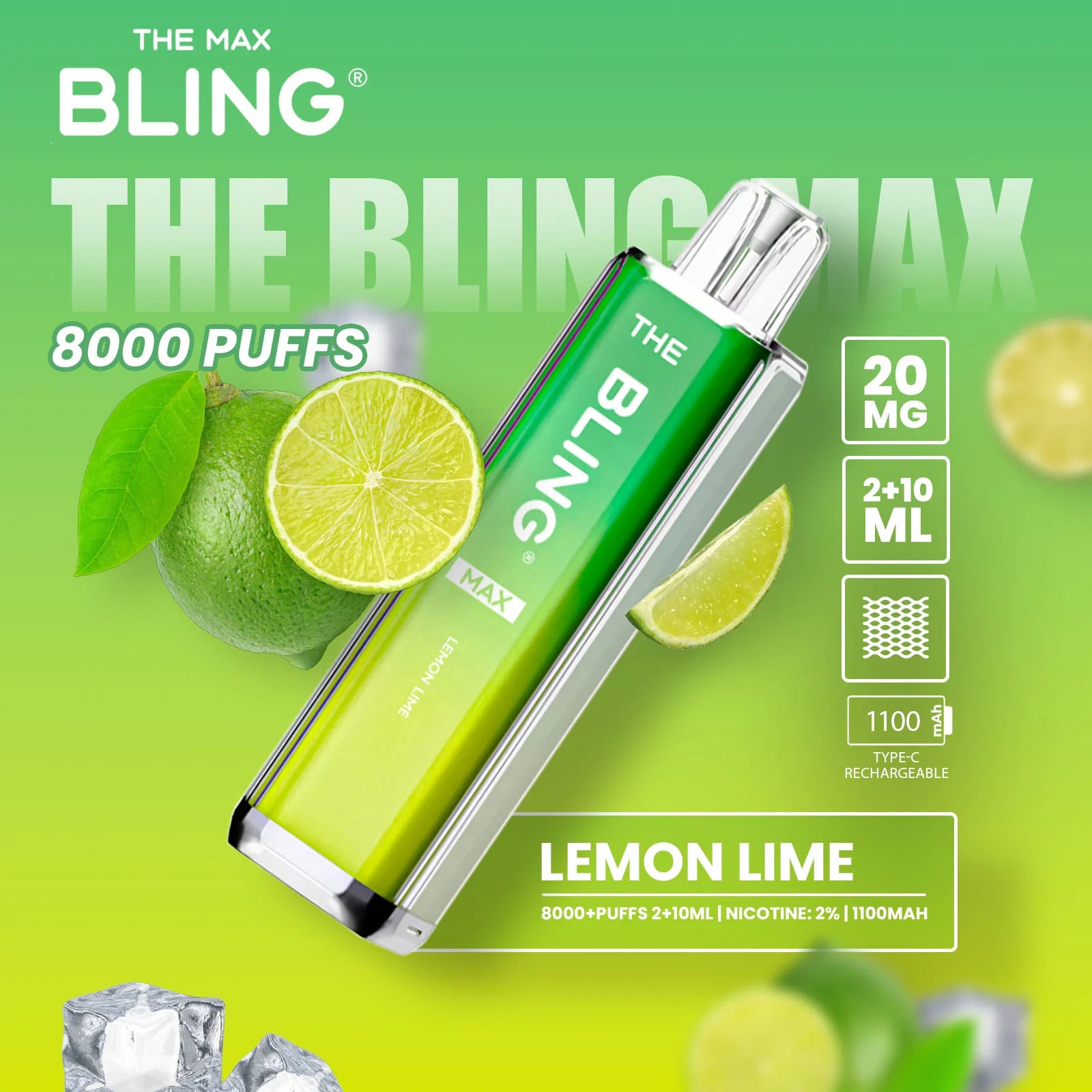 Lemon & Lime flavoured Bling Max 8000 Puffs Vape Kit