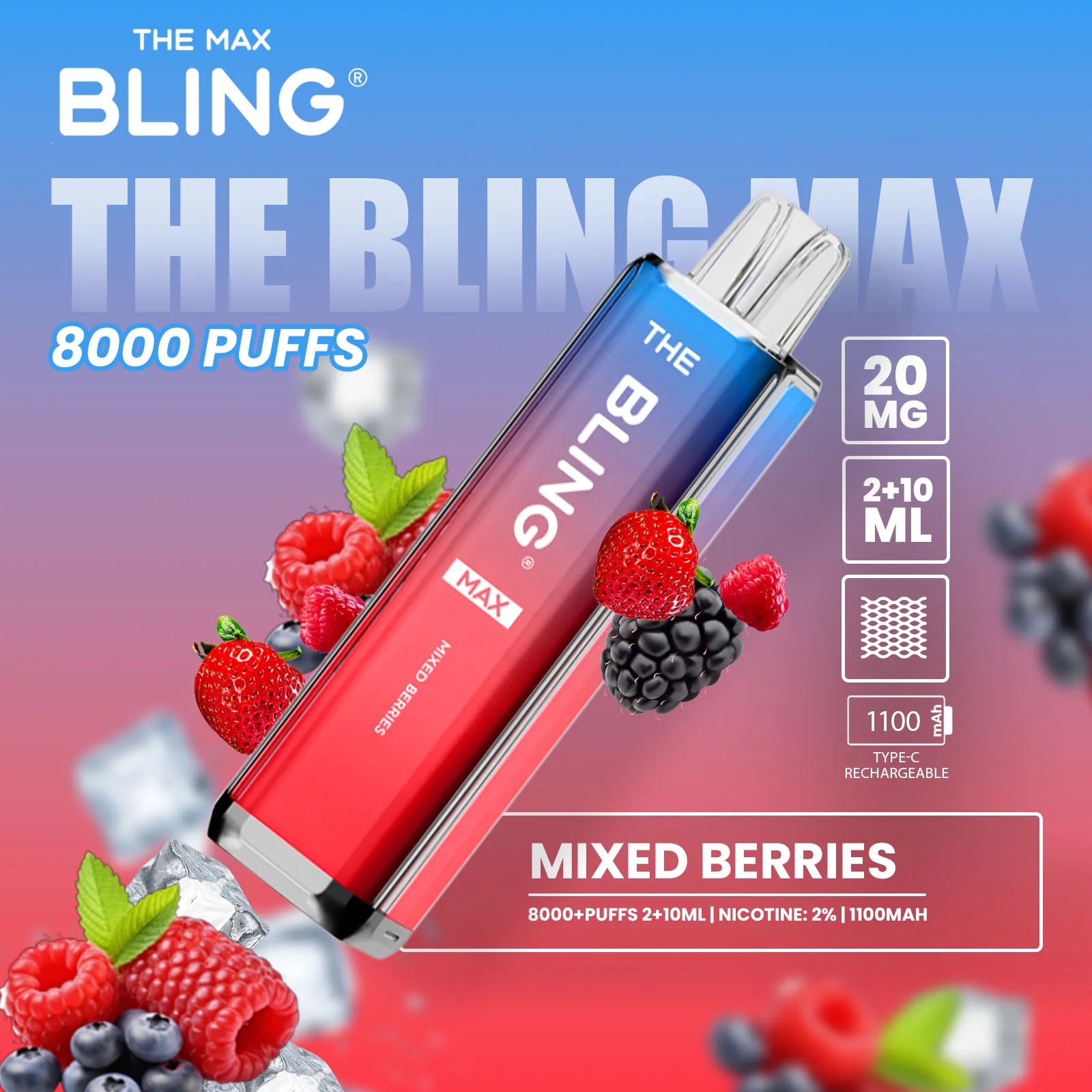 Mixed Berries flavoured Bling Max 8000 Puffs Vape Kit