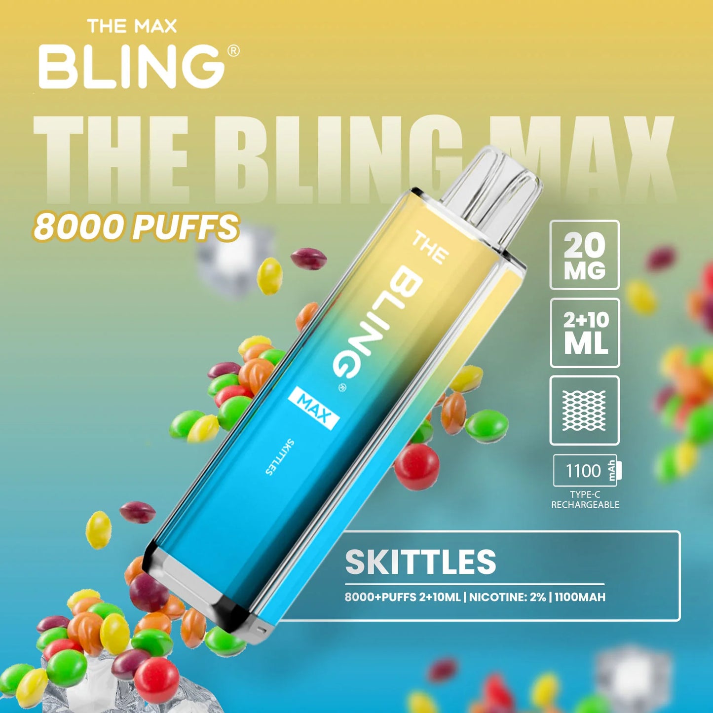 Skittles flavoured Bling Max 8000 Puffs Vape Kit