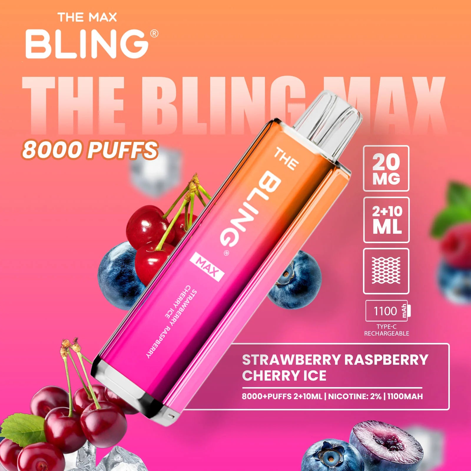 Strawberry Raspberry Cherry Ice flavoured Bling Max 8000 Puffs Vape Kit