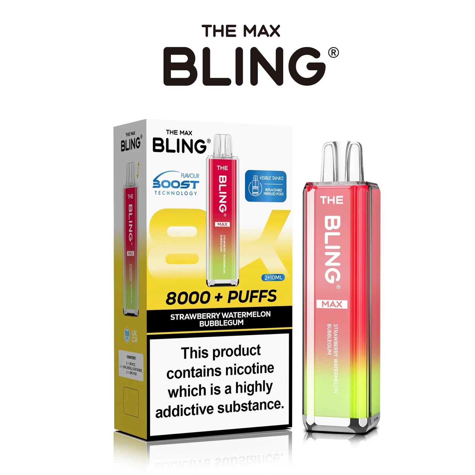Strawberry Watermelon Bubblegum flavoured Bling Max 8000 Puffs Vape Kit