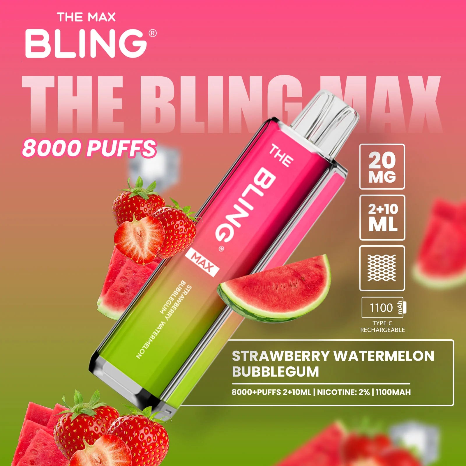 Strawberry Watermelon Bubblegum flavoured Bling Max 8000 Puffs Vape Kit