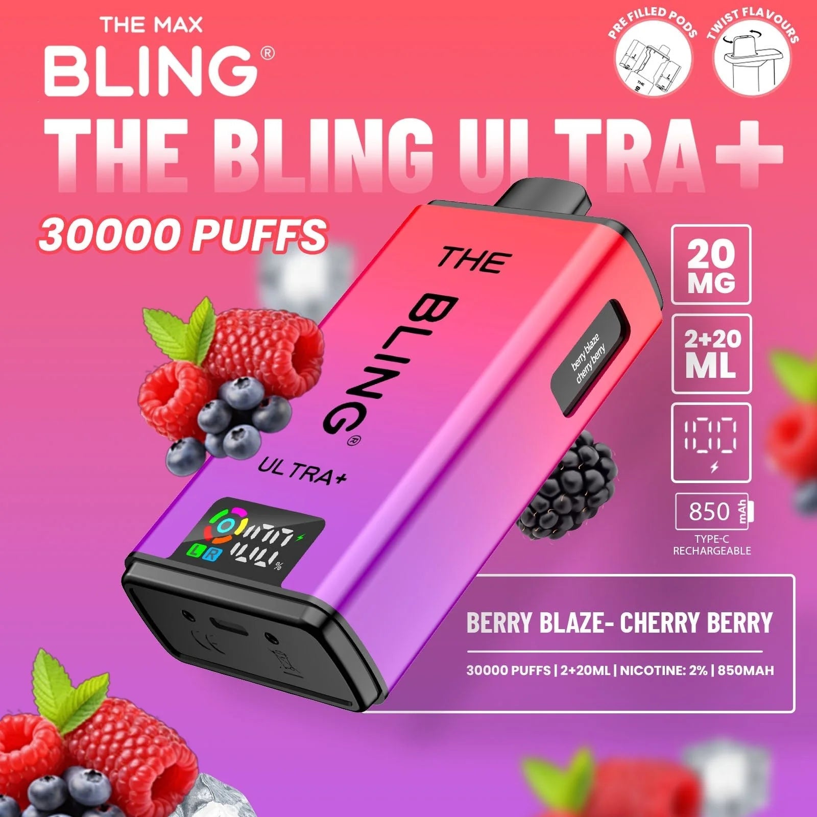 Bling Ultra Plus 30k Vape Kit Berry Blaze and Cherry Berry