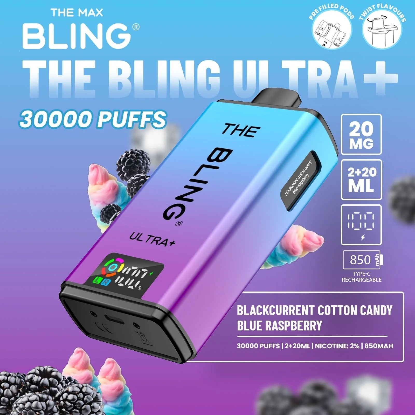 Bling Ultra Plus 30k Vape Kit Blackcurrant Cotton Candy and Blue Raspberry