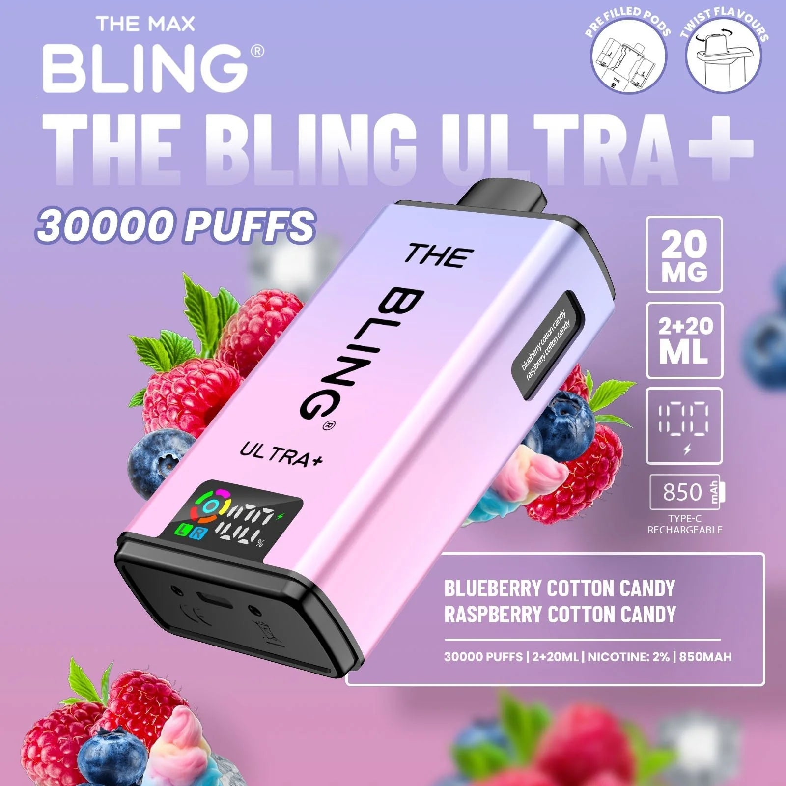 Bling Ultra Plus 30k Vape Kit Blueberry Cotton Candy and Raspberry Cotton Candy