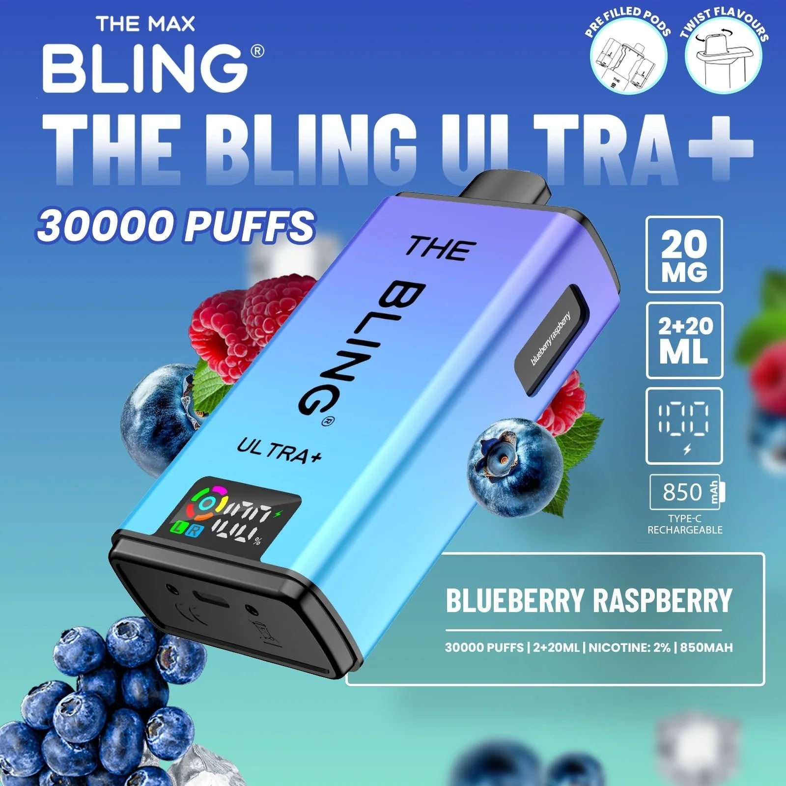 Bling Ultra Plus 30k Vape Kit Blueberry Raspberry