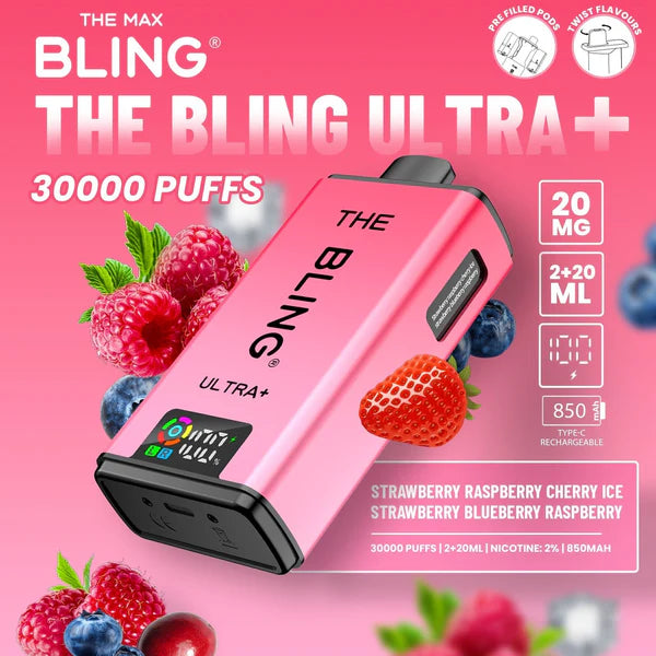 Bling Ultra Plus 30k Vape Kit Strawberry Raspberry Cherry Ice and Strawberry Blueberry Raspberry