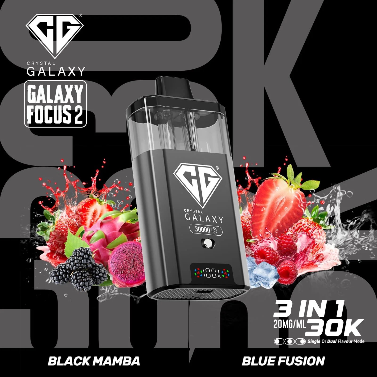 Black Mamba and Blue Fusion flavoured Crystal Galaxy Focus 2 30K Vape Kit