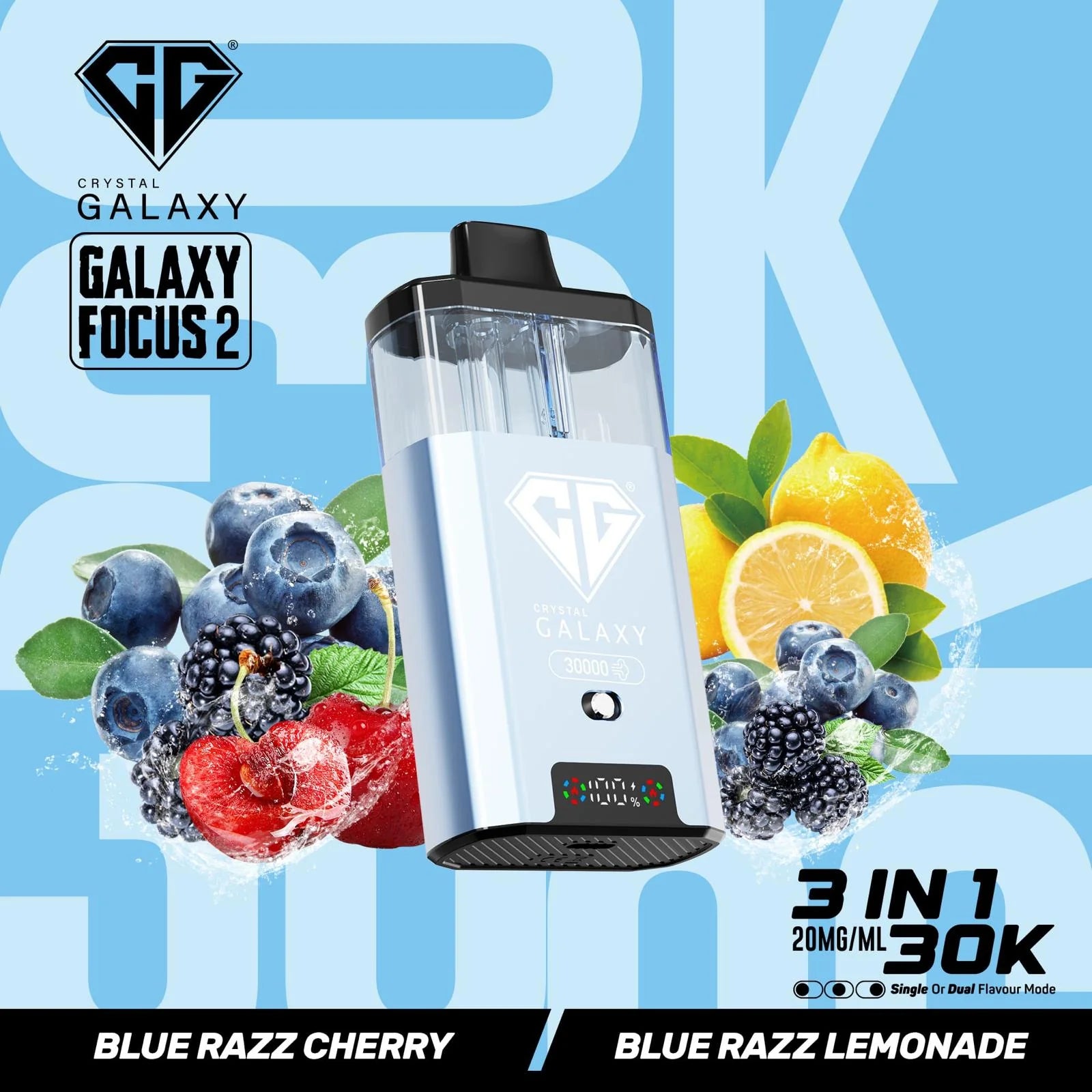 Blue Razz Cherry and Blue Razz Lemonade flavoured Crystal Galaxy Focus 2 30K Vape Kit