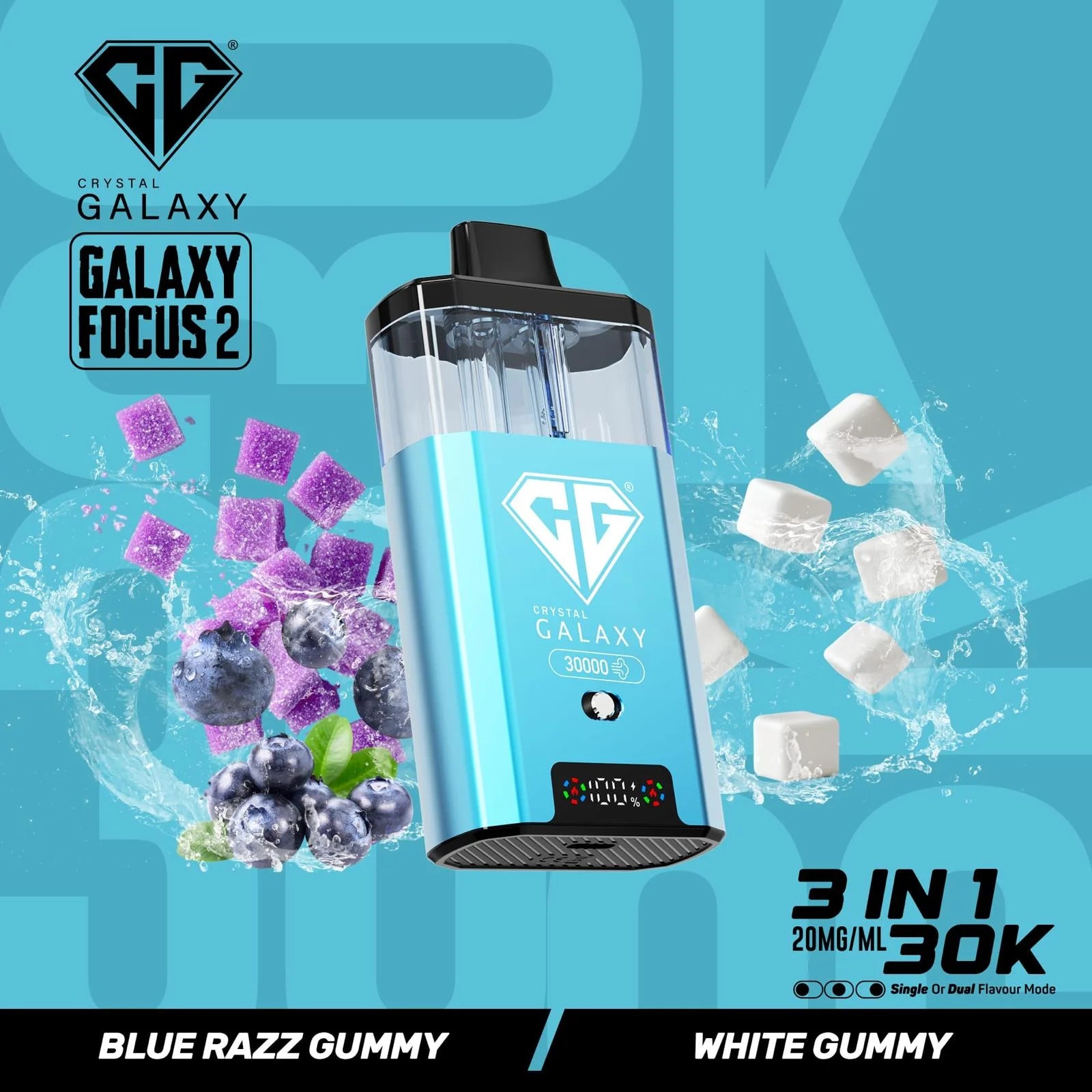 Blue Razz Gummy and White Gummy flavoured Crystal Galaxy Focus 2 30K Vape Kit