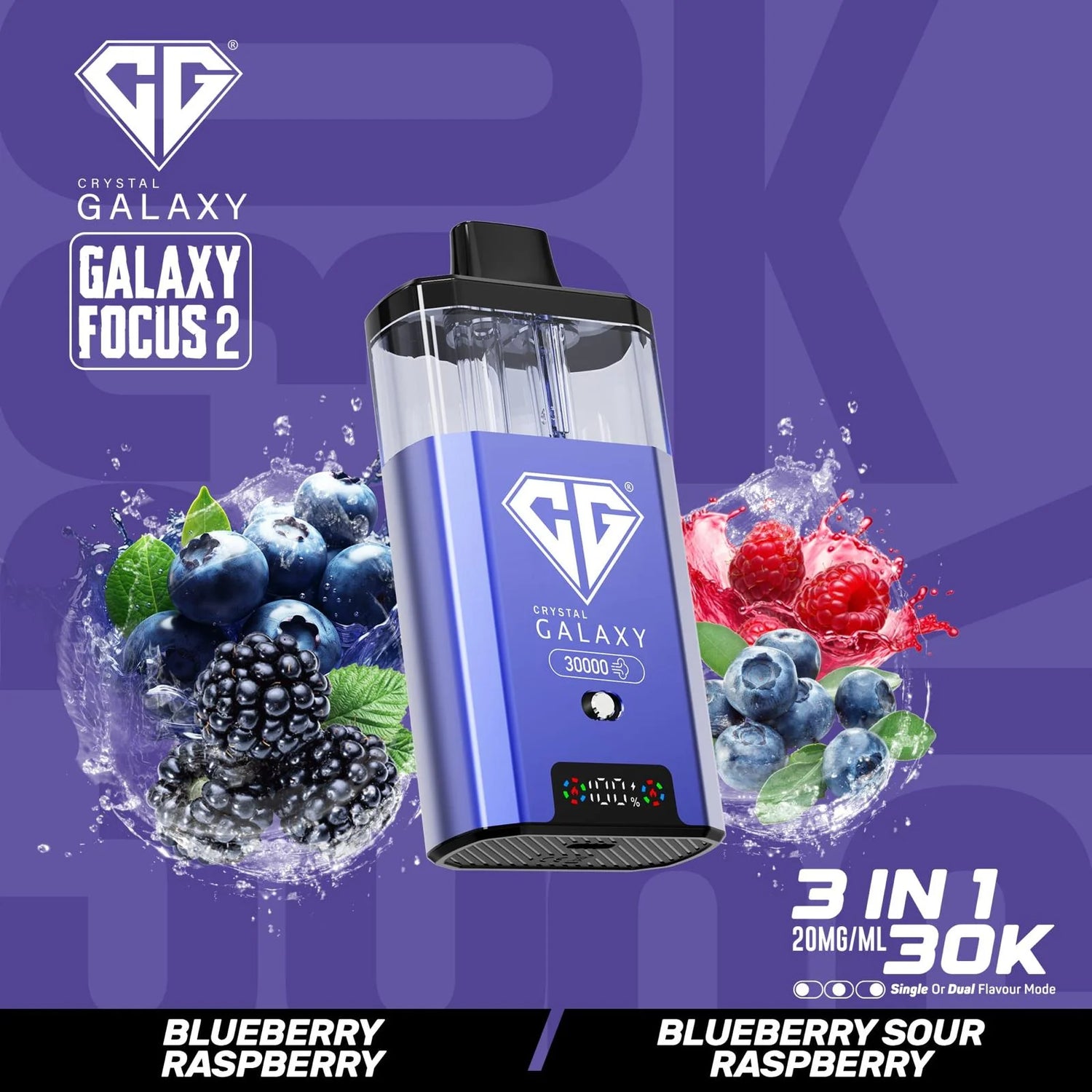 Blueberry Raspberry and Blueberry Sour Raspberry flavoured Crystal Galaxy Focus 2 30K Vape Kit
