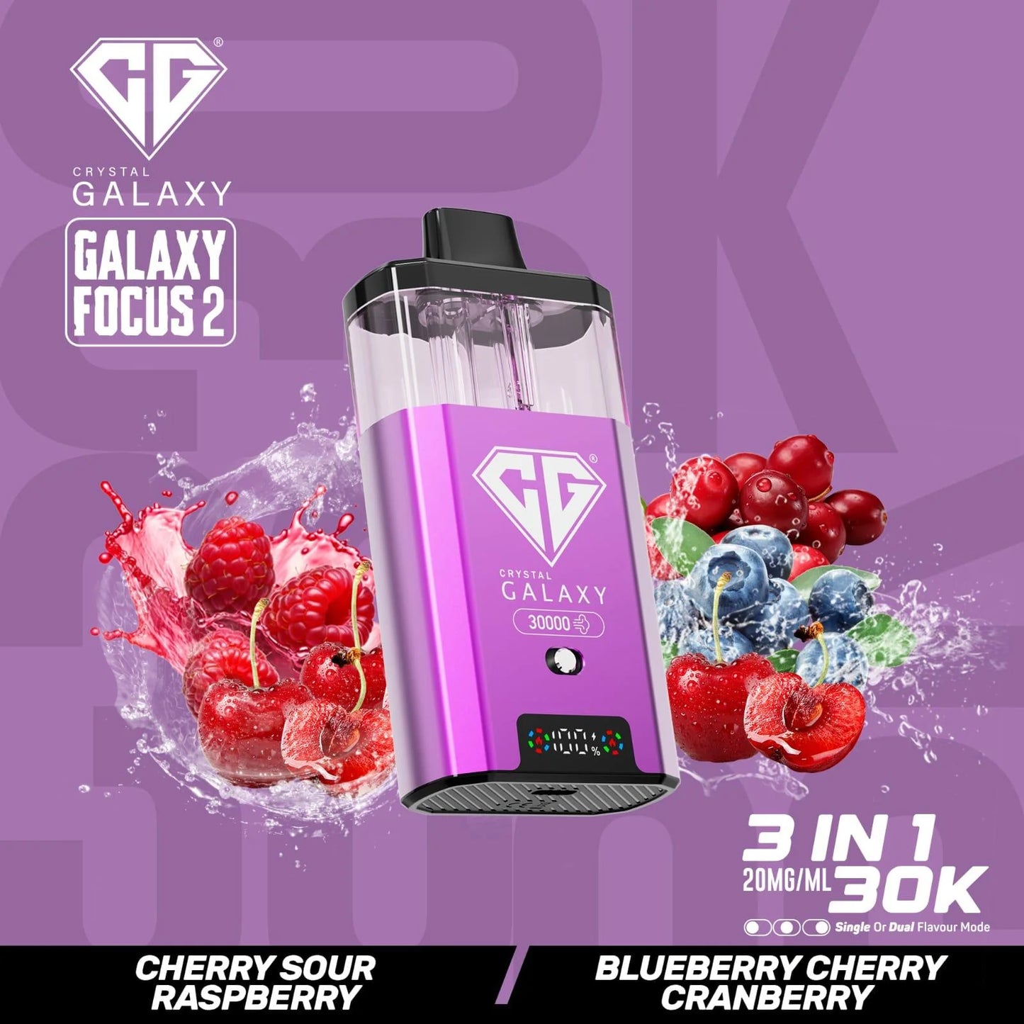 Cherry Sour Raspberry and Blueberry Cherry Cranberry flavoured Crystal Galaxy Focus 2 30K Vape Kit