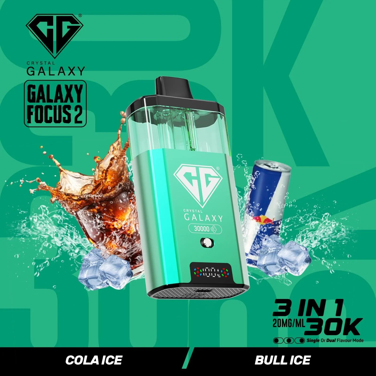 Cola Ice and Bull Ice flavoured Crystal Galaxy Focus 2 30K Vape Kit