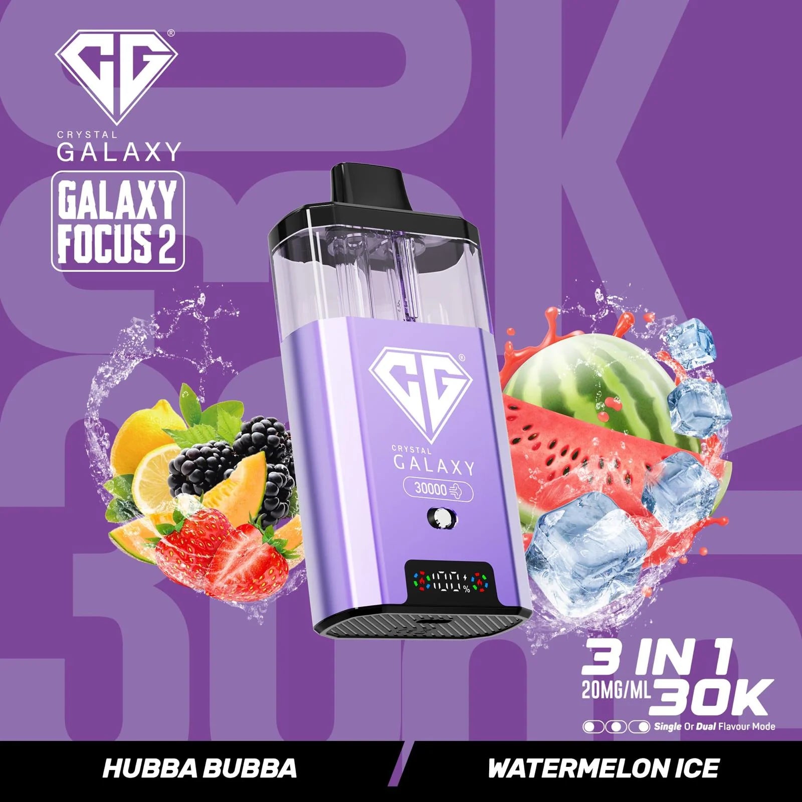Hubba Bubba and Watermelon Ice flavoured Crystal Galaxy Focus 2 30K Vape Kit