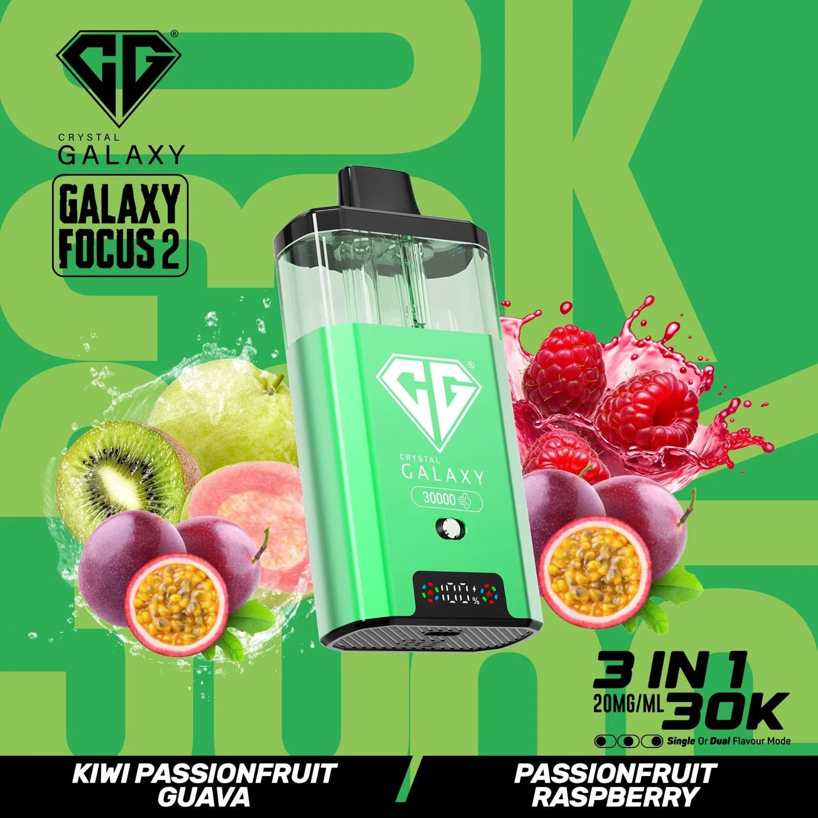 Kiwi Passionfruit Guava and Passionfruit flavoured Crystal Galaxy Focus 2 30K Vape Kit