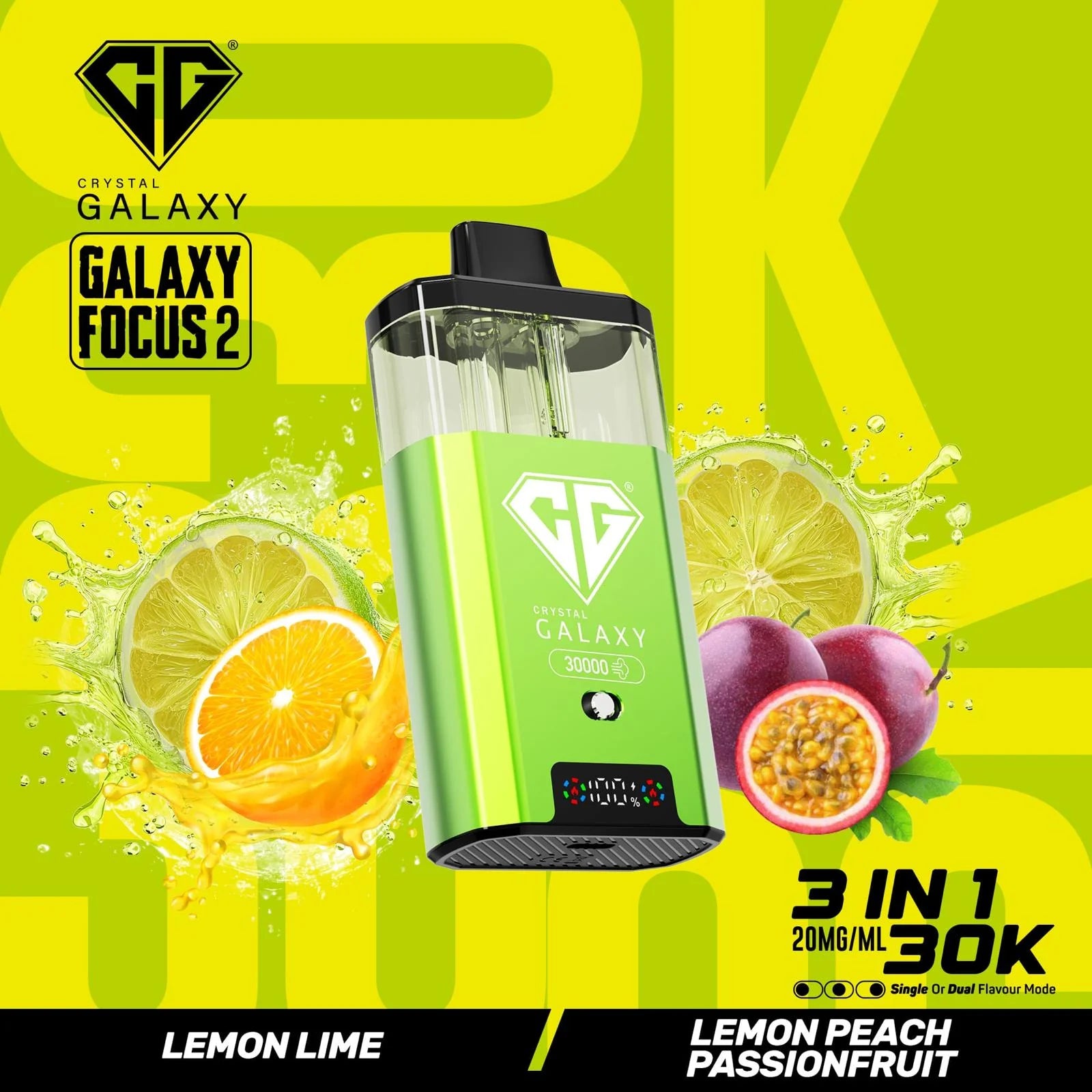 Lemon Lime and Lemon Peach Passionfruit flavoured Crystal Galaxy Focus 2 30K Vape Kit