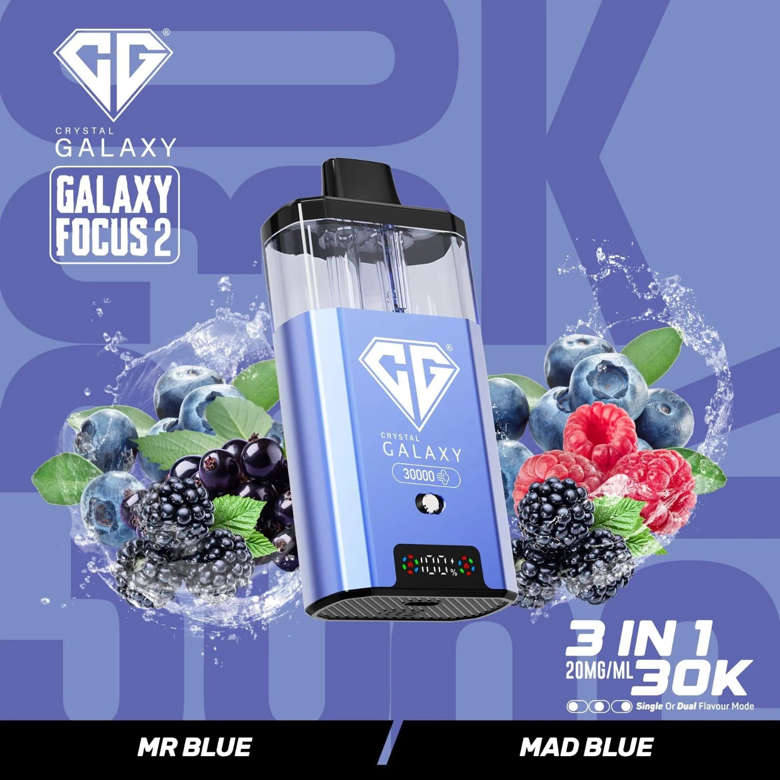 Mr Blue and Mad Blue flavoured Crystal Galaxy Focus 2 30K Vape Kit