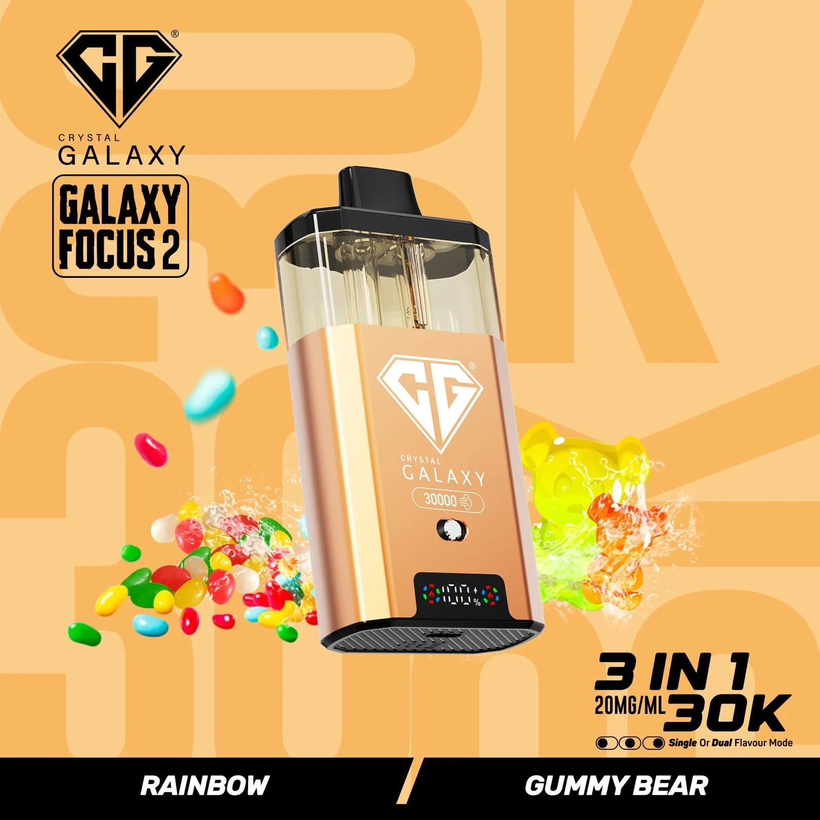 Rainbow and Gummy Bear Strawberry flavoured Crystal Galaxy Focus 2 30K Vape Kit