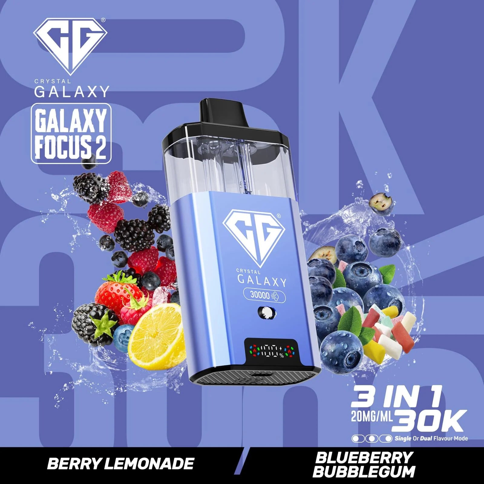 Berry Lemonade and Blueberry Bubblegum flavoured Crystal Galaxy Focus 2 30K Vape Kit