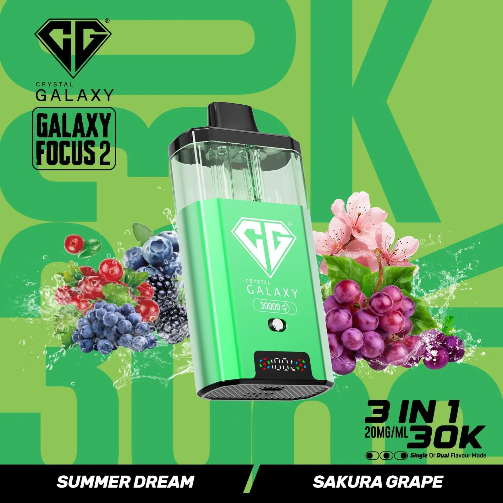 Raspberry Summer Dream and Sakura Grape flavoured Crystal Galaxy Focus 2 30K Vape Kit