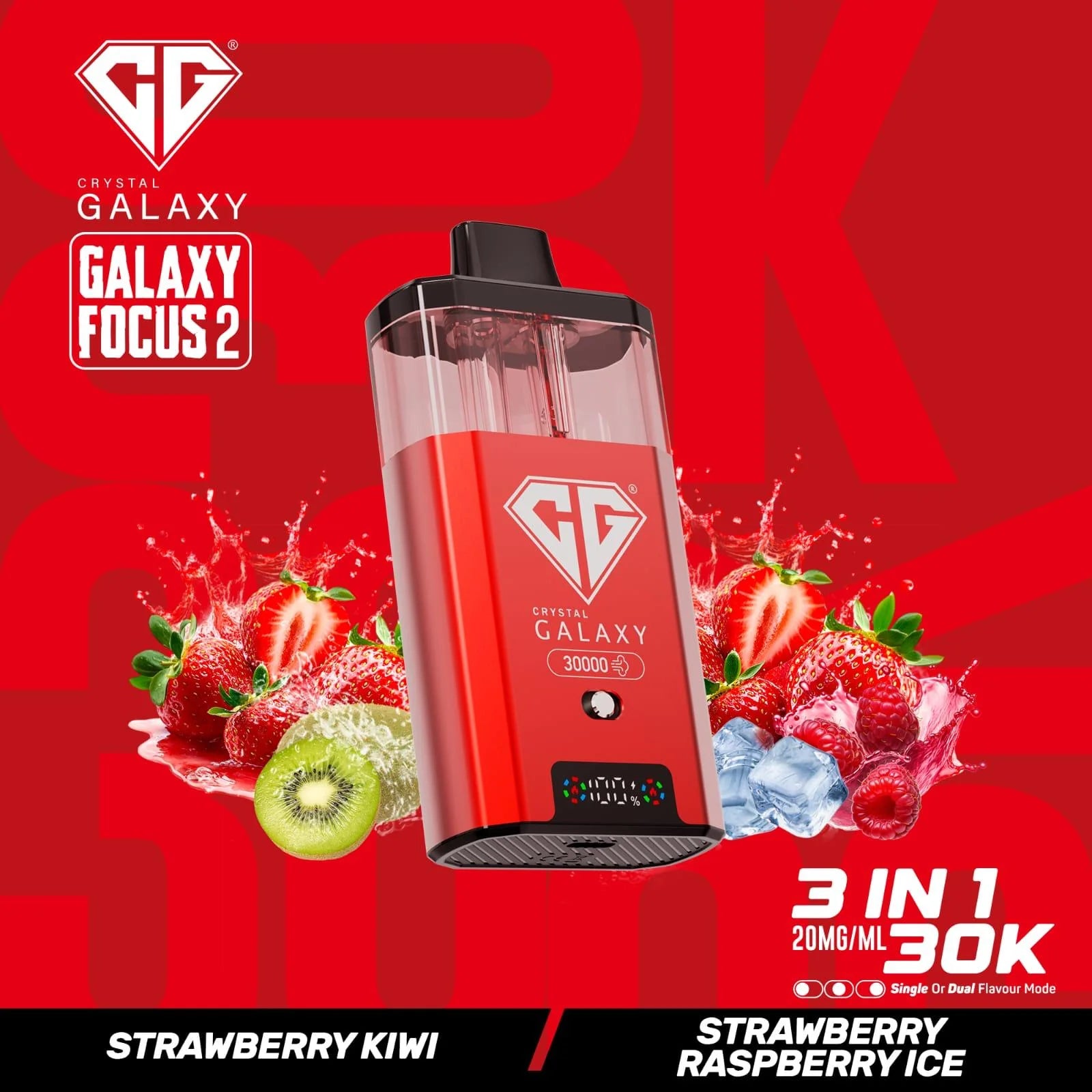 Strawberry Kiwi and Strawberry Raspberry Ice flavoured Crystal Galaxy Focus 2 30K Vape Kit