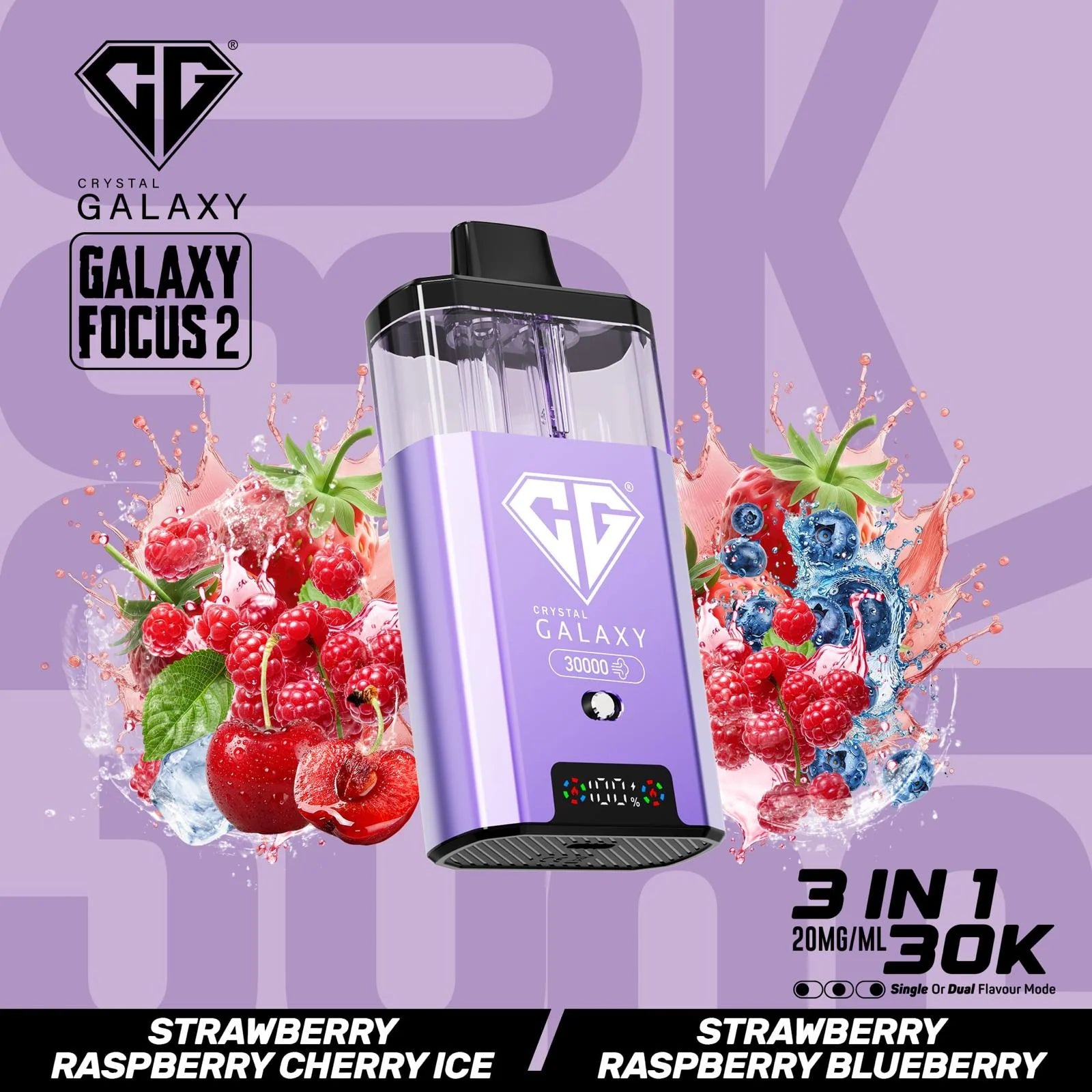 Strawberry Raspberry Cherry Ice and Strawberry flavoured Crystal Galaxy Focus 2 30K Vape Kit