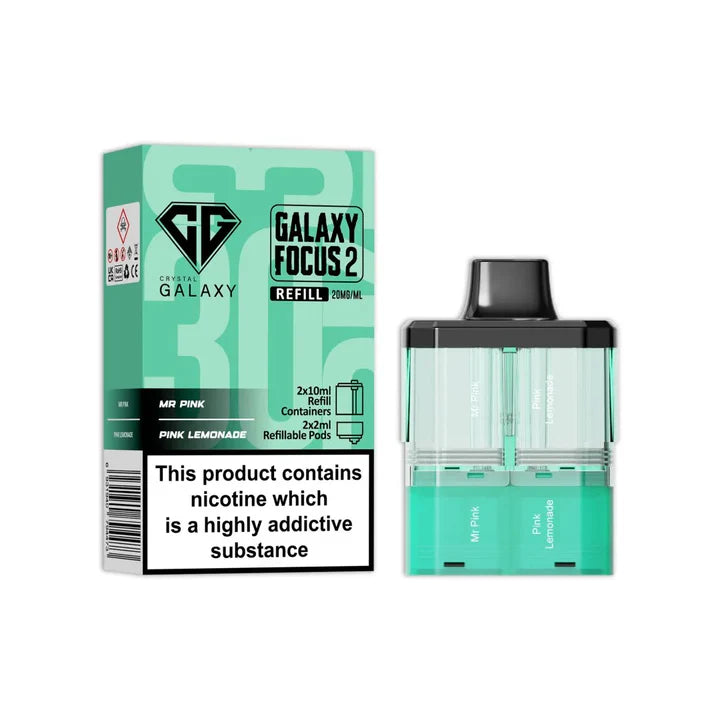 Mr Pink & Pink Lemonade flavoured Crystal Galaxy Focus 2 Replacement Pod in Light Green Colour