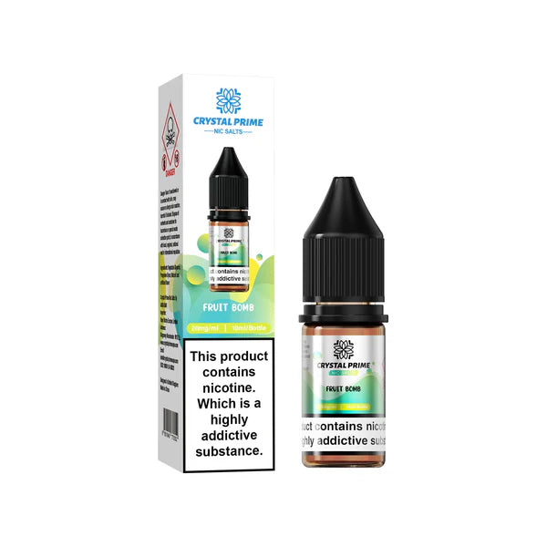 Fruit Bomb flavoured Crystal Prime Nic Salts in Greenish Yellow Colour