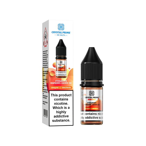 Strawberry Raspberry Cherry Ice flavoured Crystal Prime Nic Salts in Reddish Yellow Colour