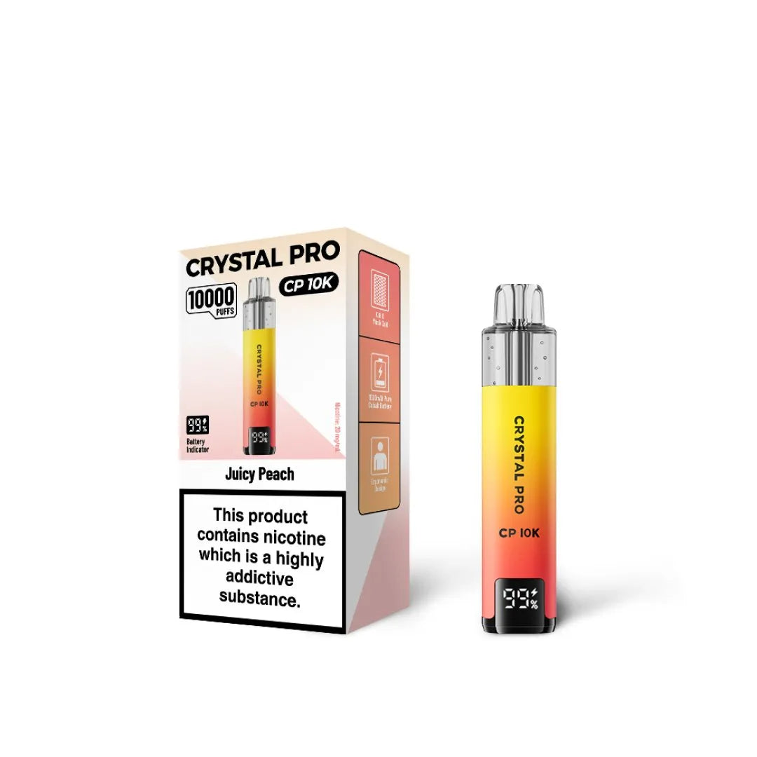 Juicy Peach flavoured Crystal Pro CP 10K in yellow and red