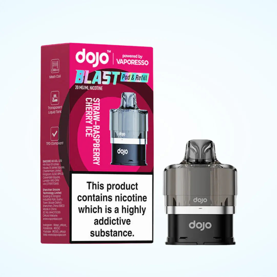 Strawberry Raspberry Cherry Ice flavoured Dojo Blast Replacement Pod in Dark Pink Colour