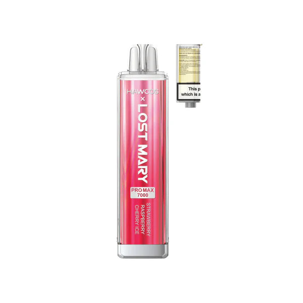 Strawberry Raspberry Cherry Ice flavoured Hawcos x Lost Mary Pro Max 7000 in Light Red Colour